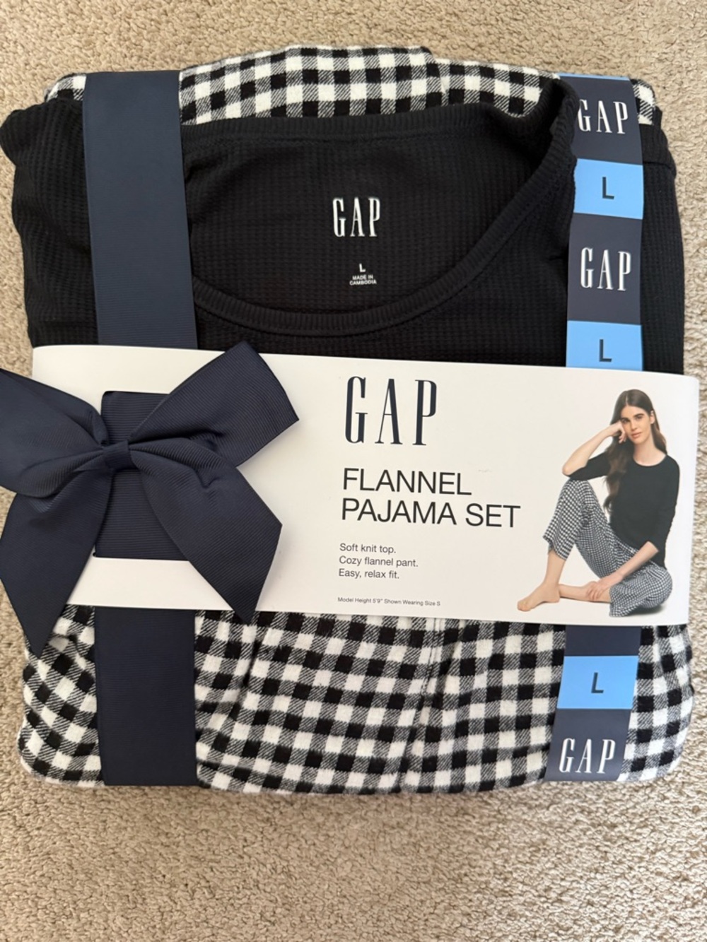Gap Flannel Pajama Set L Black White Check Bow Accent Drawstring
